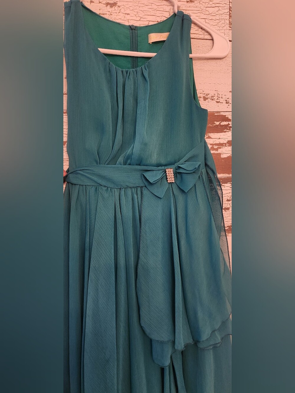 Girls Teal Bow-Accent Chiffon Dress